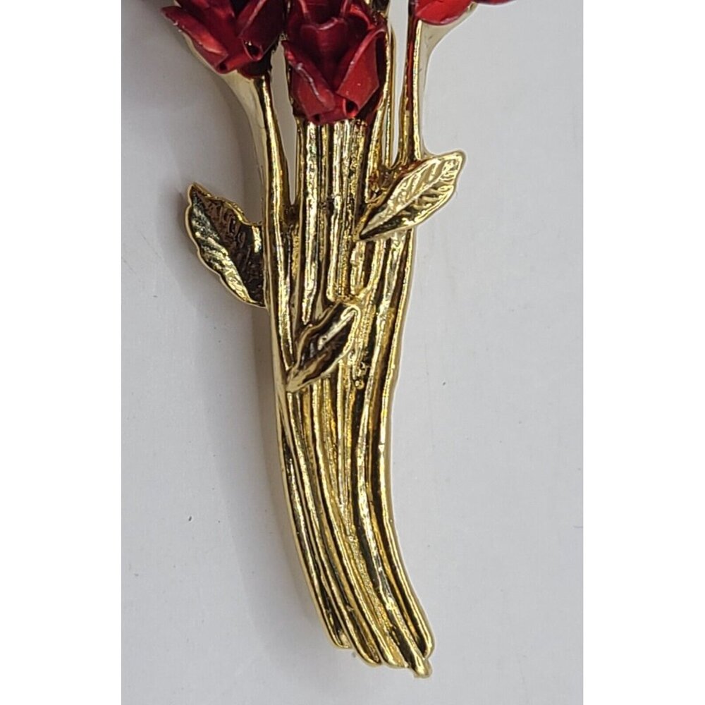 Vintage Danbury Mint Brooch Red Roses Enamel Long Stem Bouquet Pin Signed DMG97 - Picture 3 of 9